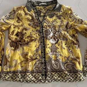 Alice + Olivia Ornate Yellow and Brown Blouse